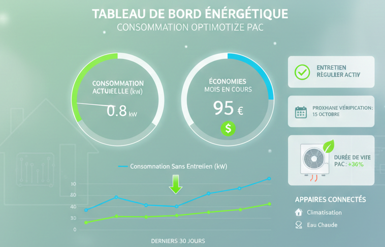 Tableau de bord de consommation énergétique réduite grâce à l'entretien PAC